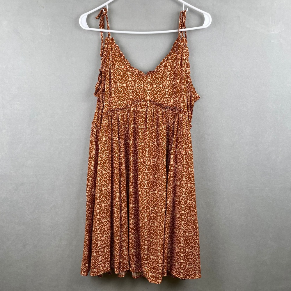 Patrons of Peace Rust Orn Medallion Print Tie Strap Boho Sun Ruffle Mini Dress M